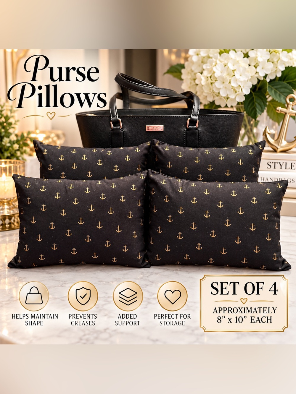 Set of 4 Handmade Purse Pillows Black & Gold Anchor Print 8x10 Bag Shapers